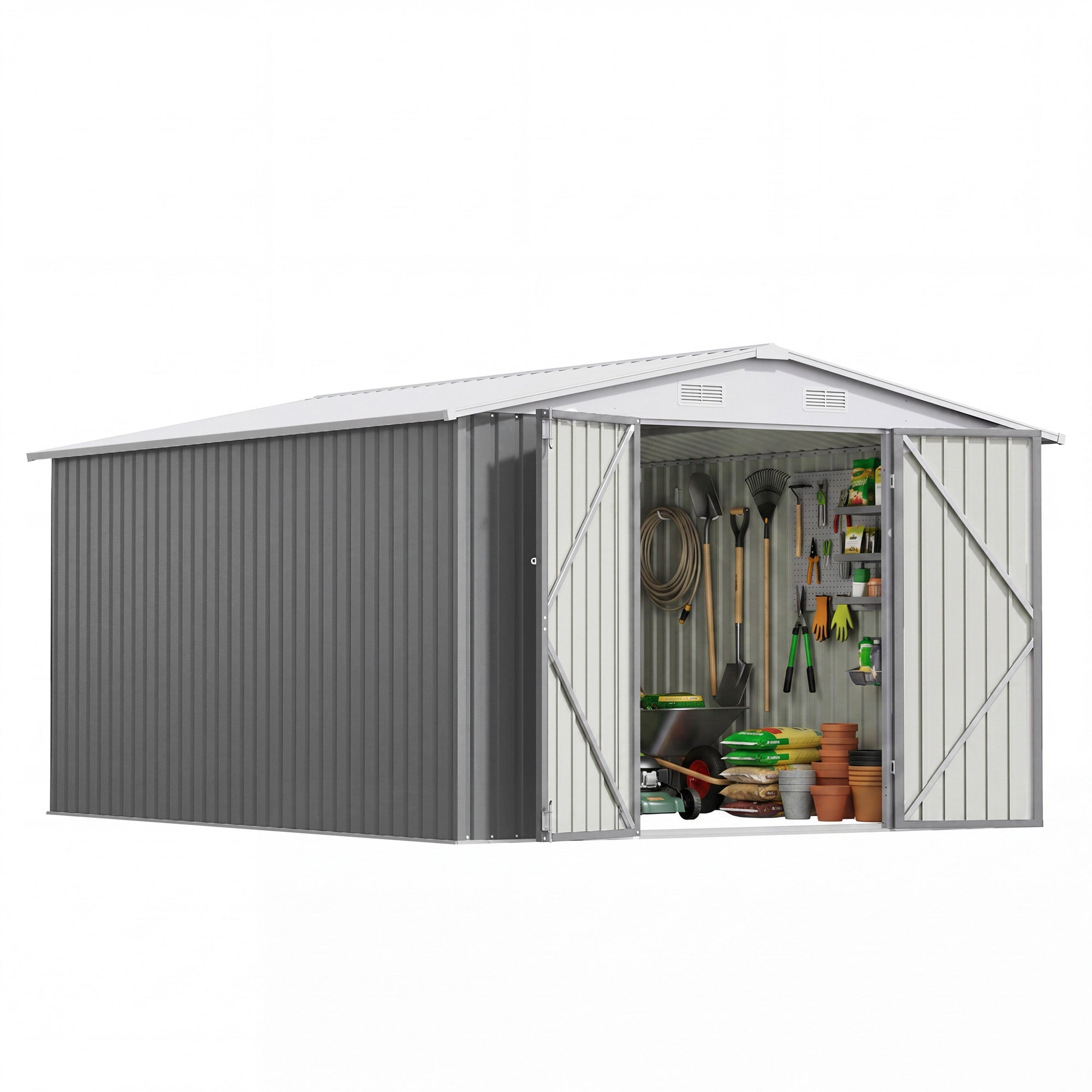 10x12_metal_shed_with_white_vents_gray_main Patiowell 10x12 Metal Shed with White Vents, Gray