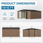 Patiowell 14x12 Metal Shed with Vents & Lockable Door, Brown - Image 3