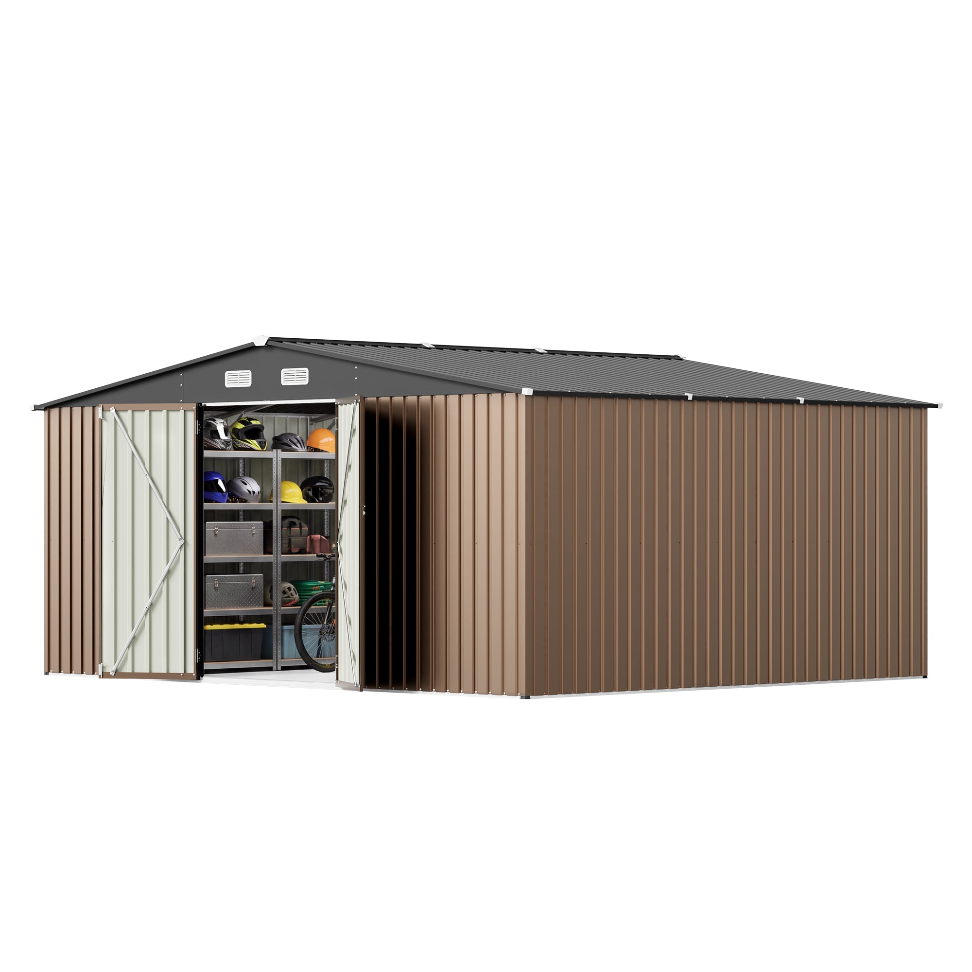 14x12_metal_shed_with_vents_brown_main Patiowell 14x12 Metal Shed with Vents & Lockable Door, Brown