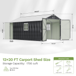 Patiowell 12x20 ft Metal Shed Outdoor Garage with Double Doors & Windows, Black & White - Image 3