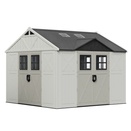 Patiowell 10x10ft Triple-Door Access Plastic Storage Shed with 3 Doors & Windows, Beige